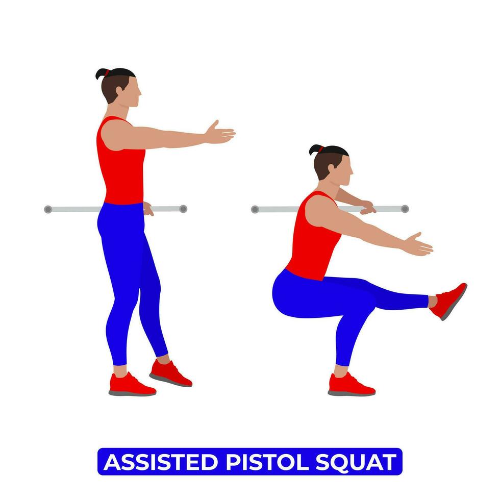Vector Man Doing Assisted Pistol Squat. Bodyweight Fitness Legs Workout Exercise