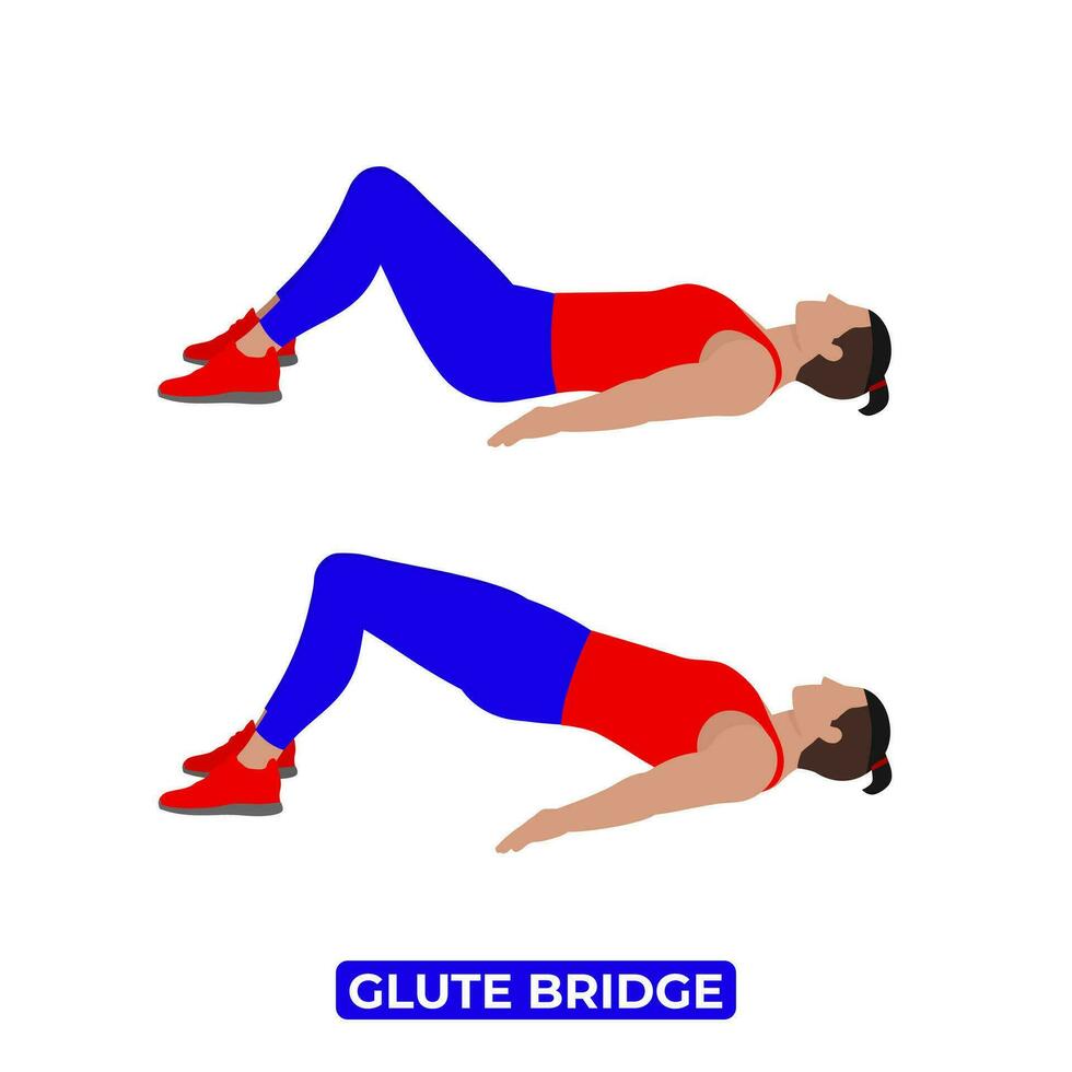 Vector Man Doing Glute Bridge. Hip Raises. Bodyweight Fitness Legs Workout Exercise. An Educational Illustration On A White Background.