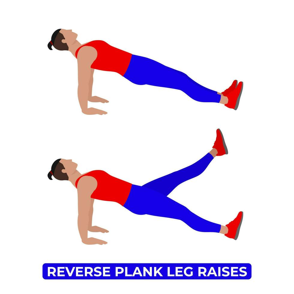 Vector Man Doing Reverse Plank Leg Raises. Leg Pull Facing Up. Bodyweight Fitness ABS and Core Workout Exercise. An Educational Illustration On A White Background.
