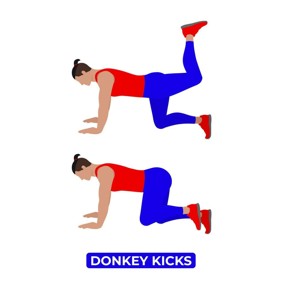 Vector Man Doing Donkey Kicks. Bodyweight Fitness Legs Workout Exercise. An Educational Illustration On A White Background.