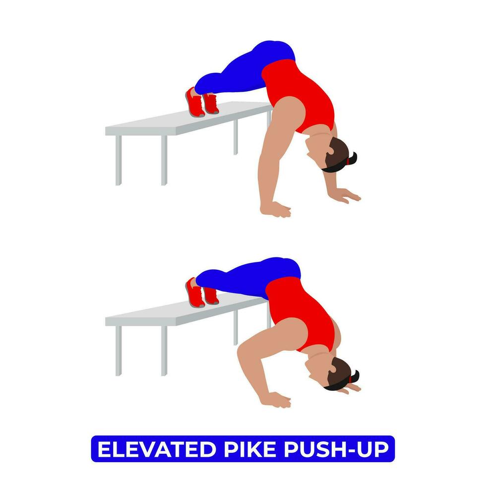 Vector Man Doing Elevated Pike Push Up. Bodyweight Fitness Arms Shoulders Workout Exercise. An Educational Illustration On A White Background.