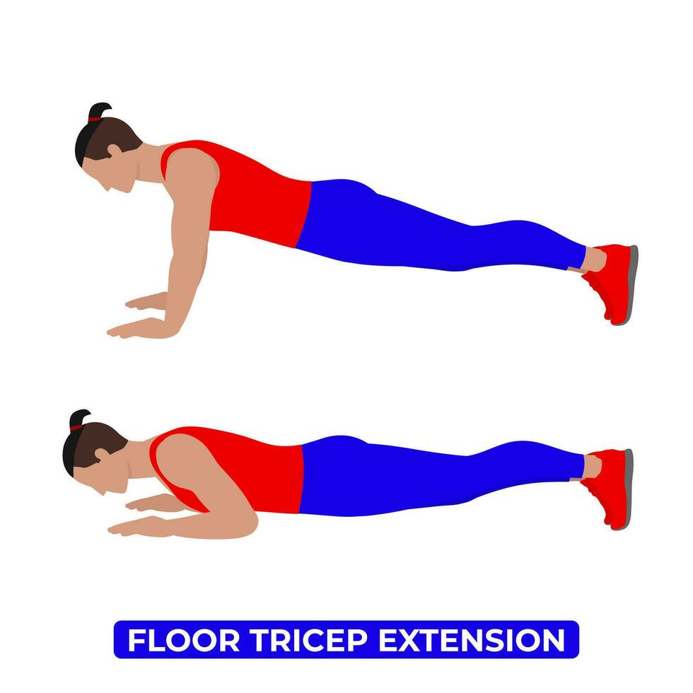 Vector Man Doing Floor Tricep Extension. Forearm Push Up. Bodyweight Fitness Arm Tricep Workout Exercise. An Educational Illustration On A White Background.