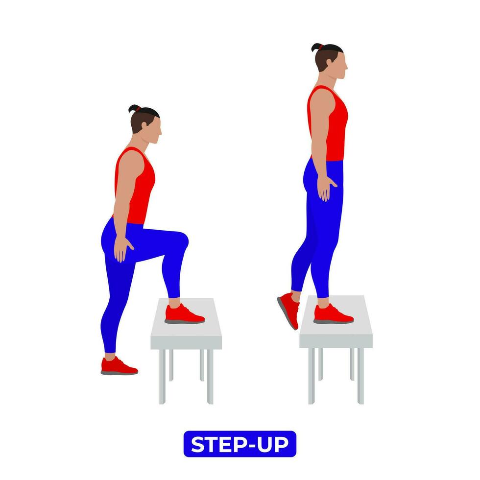 Vector Man Doing Step Up. Bodyweight Fitness Legs Workout Exercise. An Educational Illustration On A White Background.