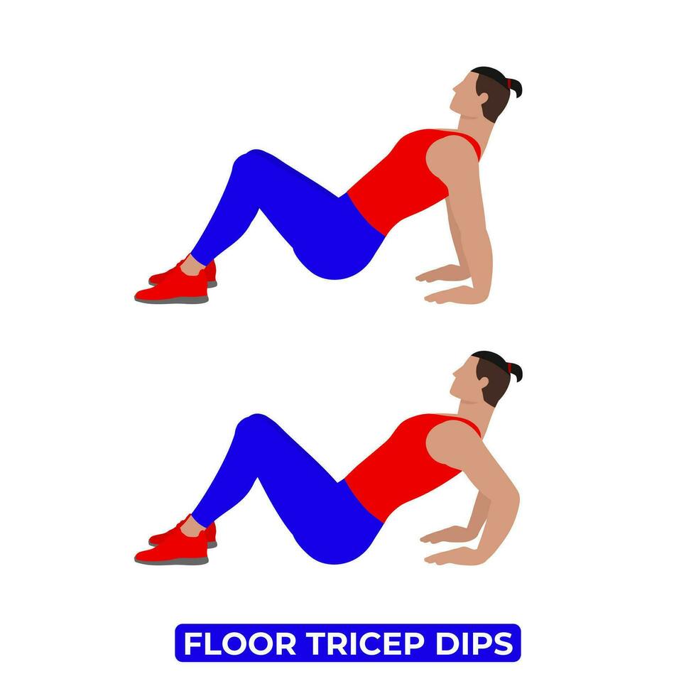 Vector Man Doing Floor Tricep Dips. Bodyweight Fitness Arms Tricep Workout Exercise. An Educational Illustration On A White Background.