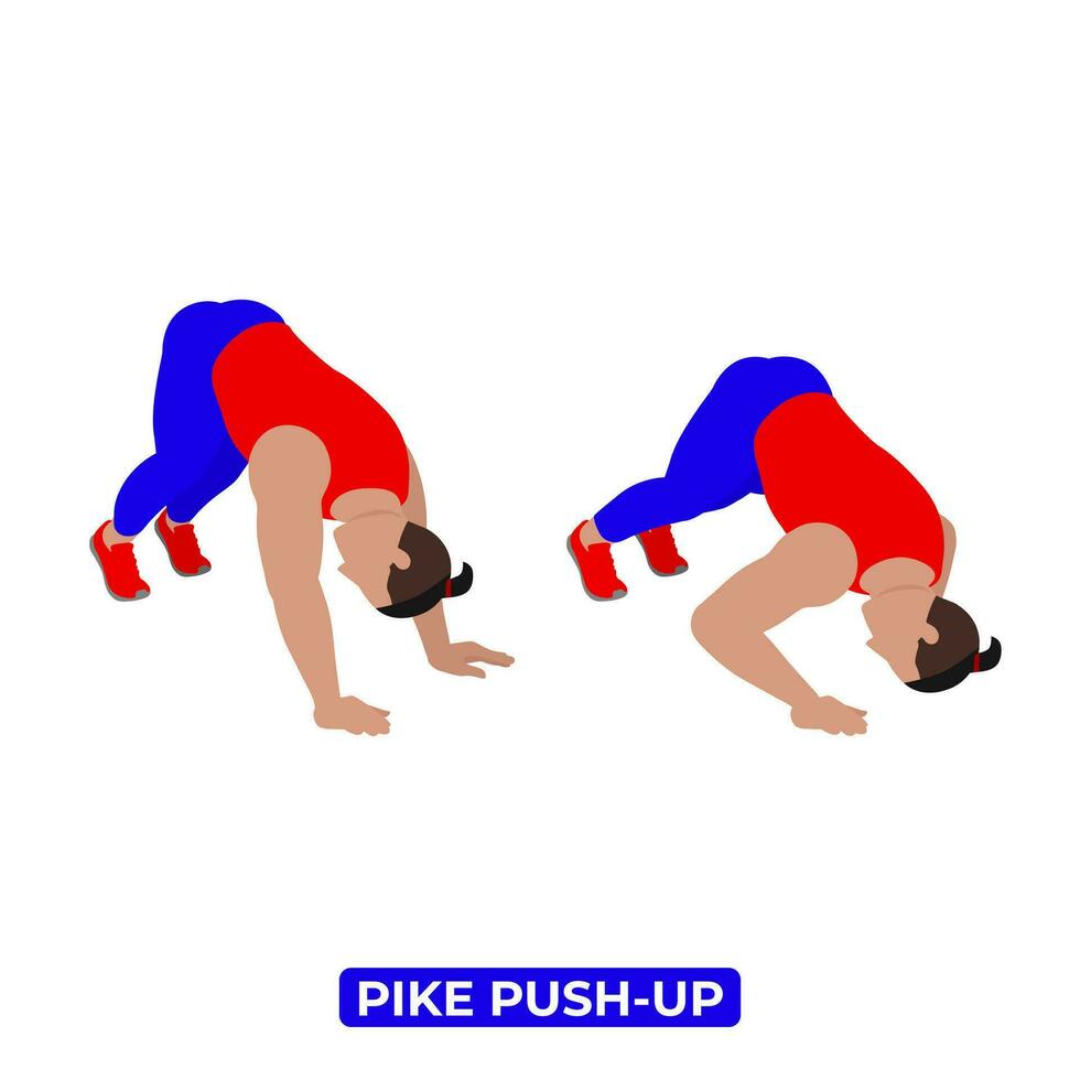 Vector Man Doing Pike Push Up. Bodyweight Fitness Arms Shoulders Workout Exercise. An Educational Illustration On A White Background.