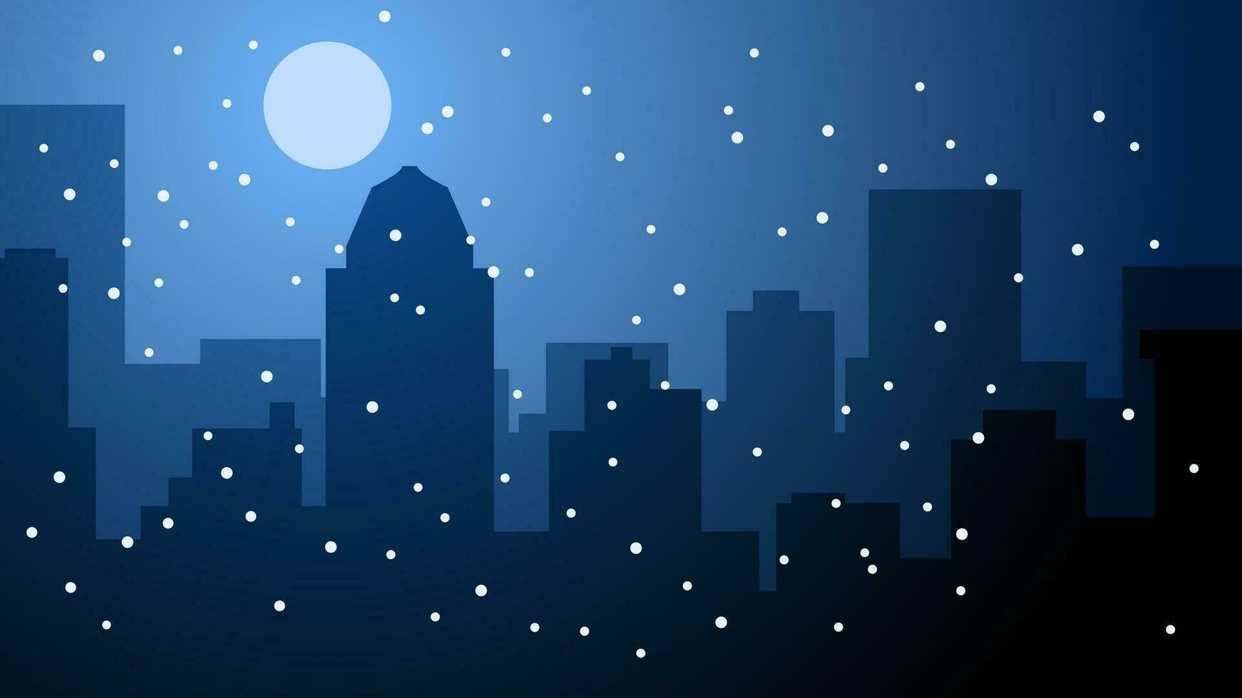 Winter season city landscape vector illustration. Urban silhouette of skyline building at night in cold season. Winter cityscape landscape for background, wallpaper or landing page