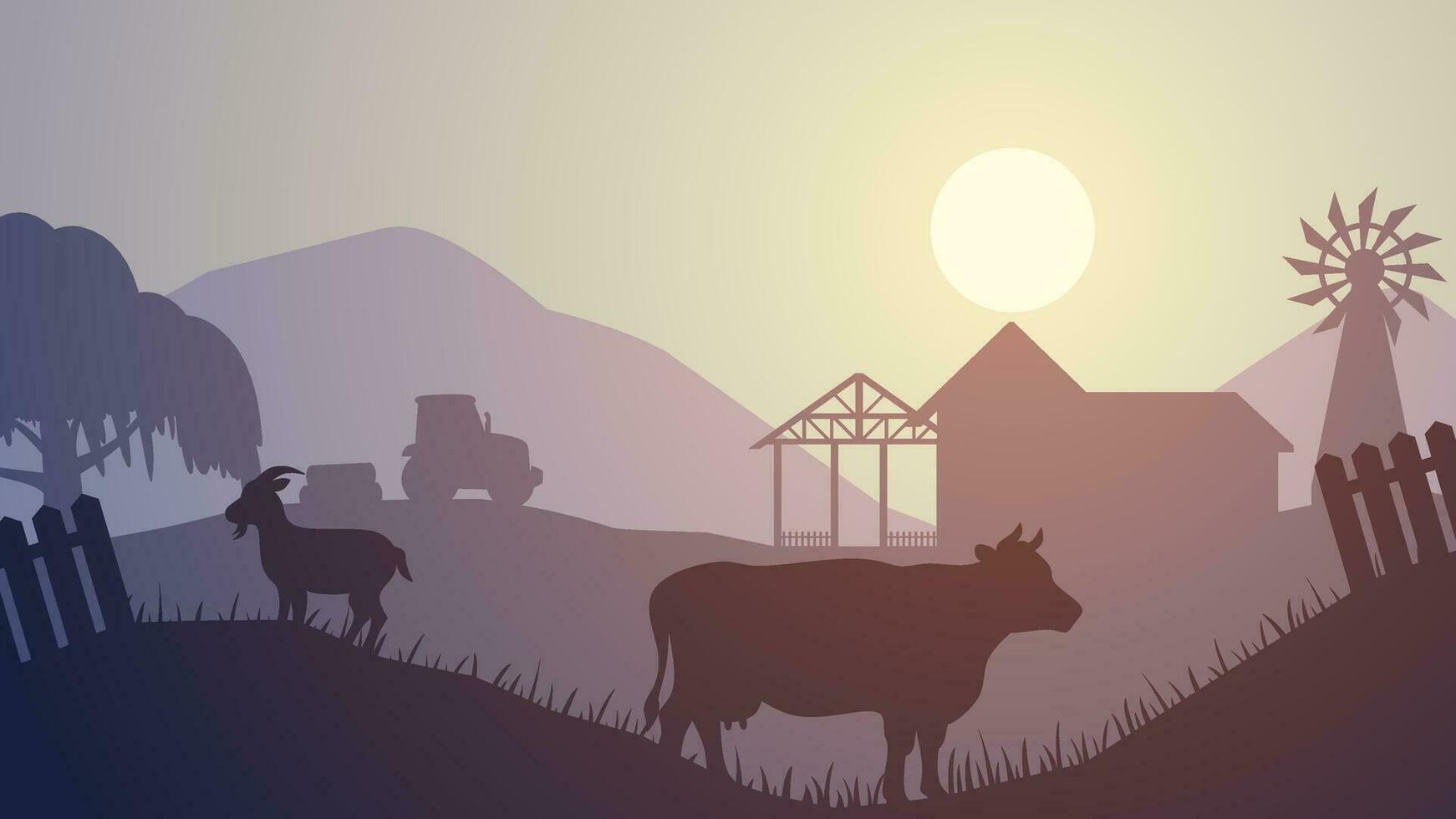 Countryside landscape vector illustration. Farm silhouette landscape with livestock, farmhouse and cow. Rural scenery silhouette for background, wallpaper or landing page