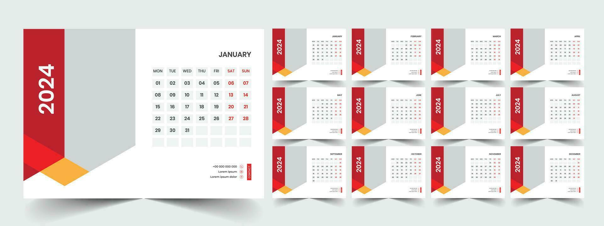 Desk Calendar 2024 template design, Office Calendar 2024 vector