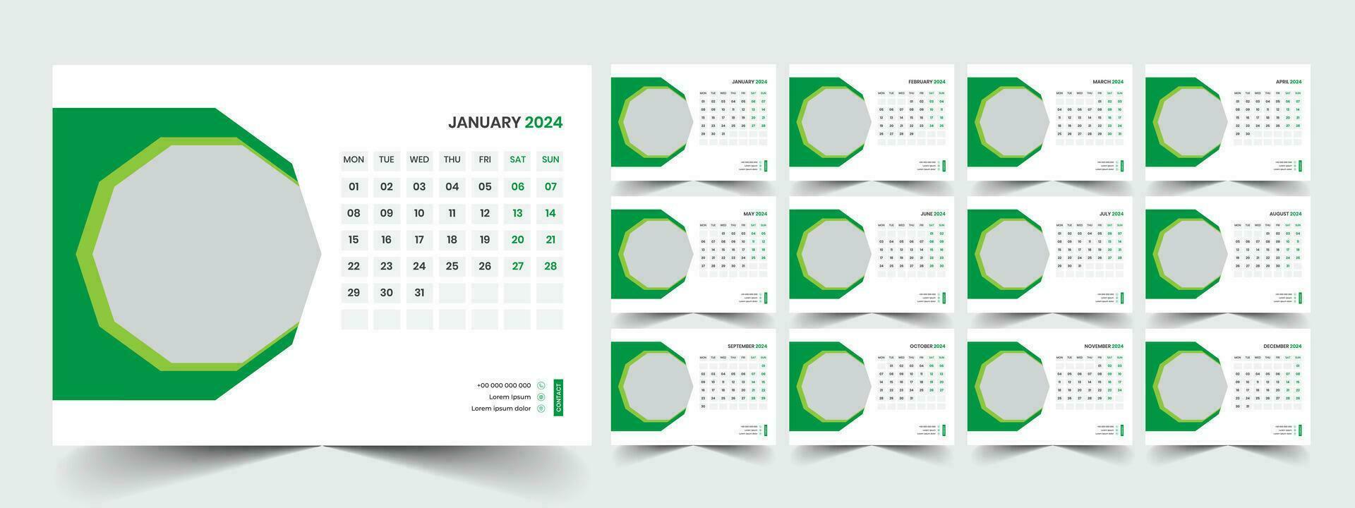 Calendar 2024 planner corporate template design set. Week starts on Monday. template for annual calendar 2024 vector