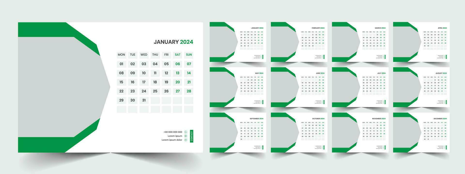 calendario 2024 planificador corporativo modelo diseño colocar. semana empieza en lunes. modelo para anual calendario 2024 vector