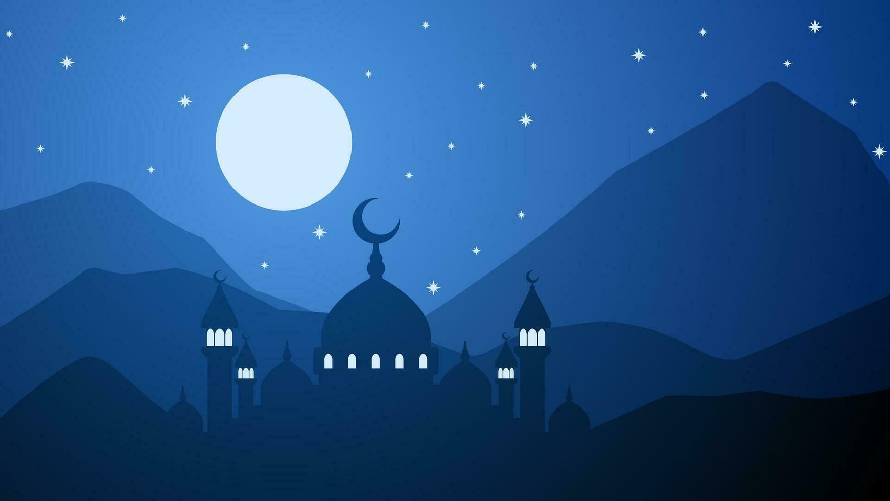 mezquita silueta paisaje vector ilustración. paisaje Ramadán diseño gráfico en musulmán cultura y islam religión. antecedentes de mezquita en el noche para islámico fondo de pantalla diseño