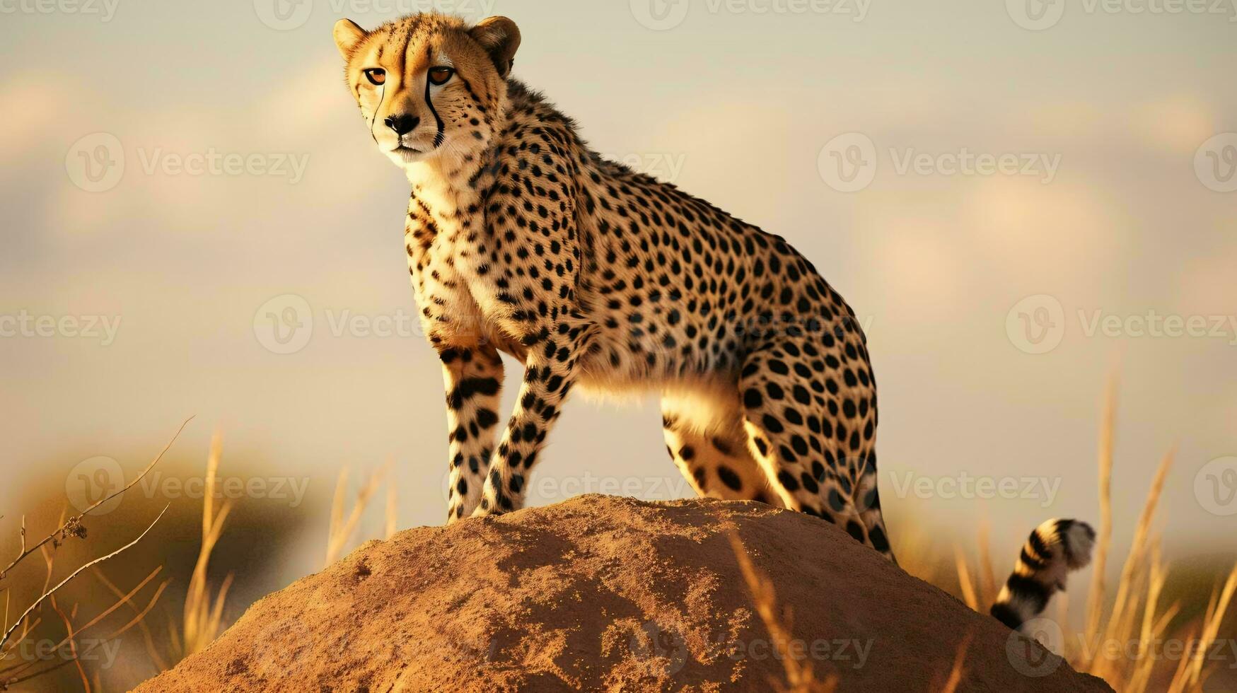 un leopardo sentado en un rock ai generado foto