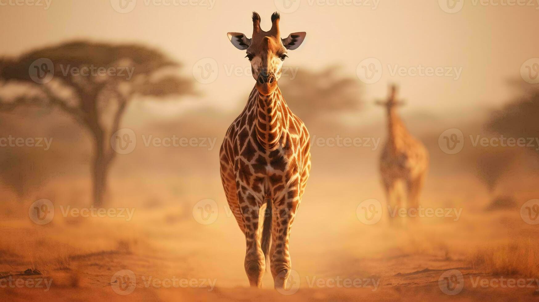 un Pareja de jirafas en un campo ai generado foto