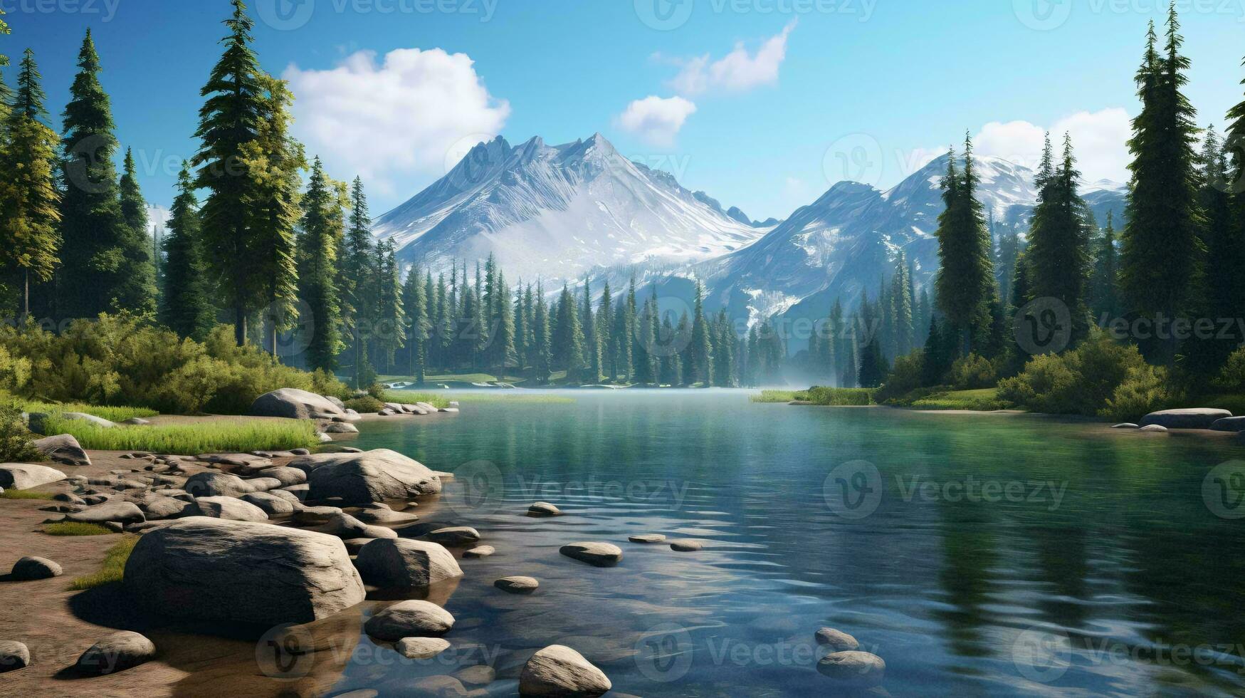 a lake with rocks and trees with a mountain in the background AI Generated photo