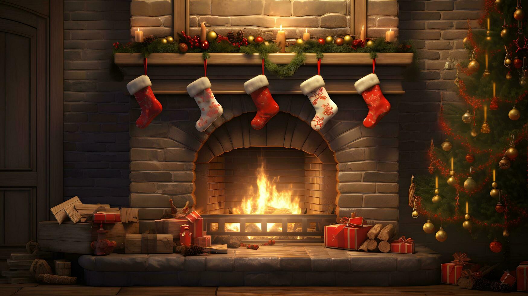 Christmas Fireplace with Roaring Fire, Decorated Stockings photo