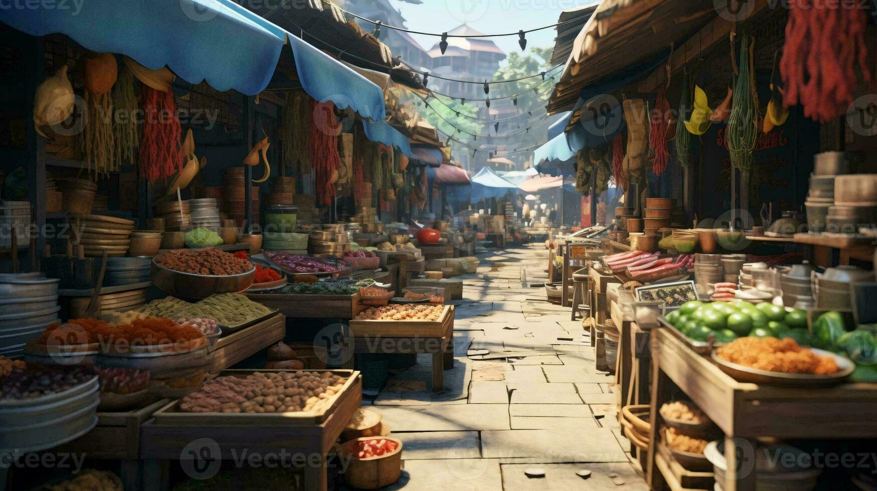 un calle mercado con un montón de frutas ai generado foto