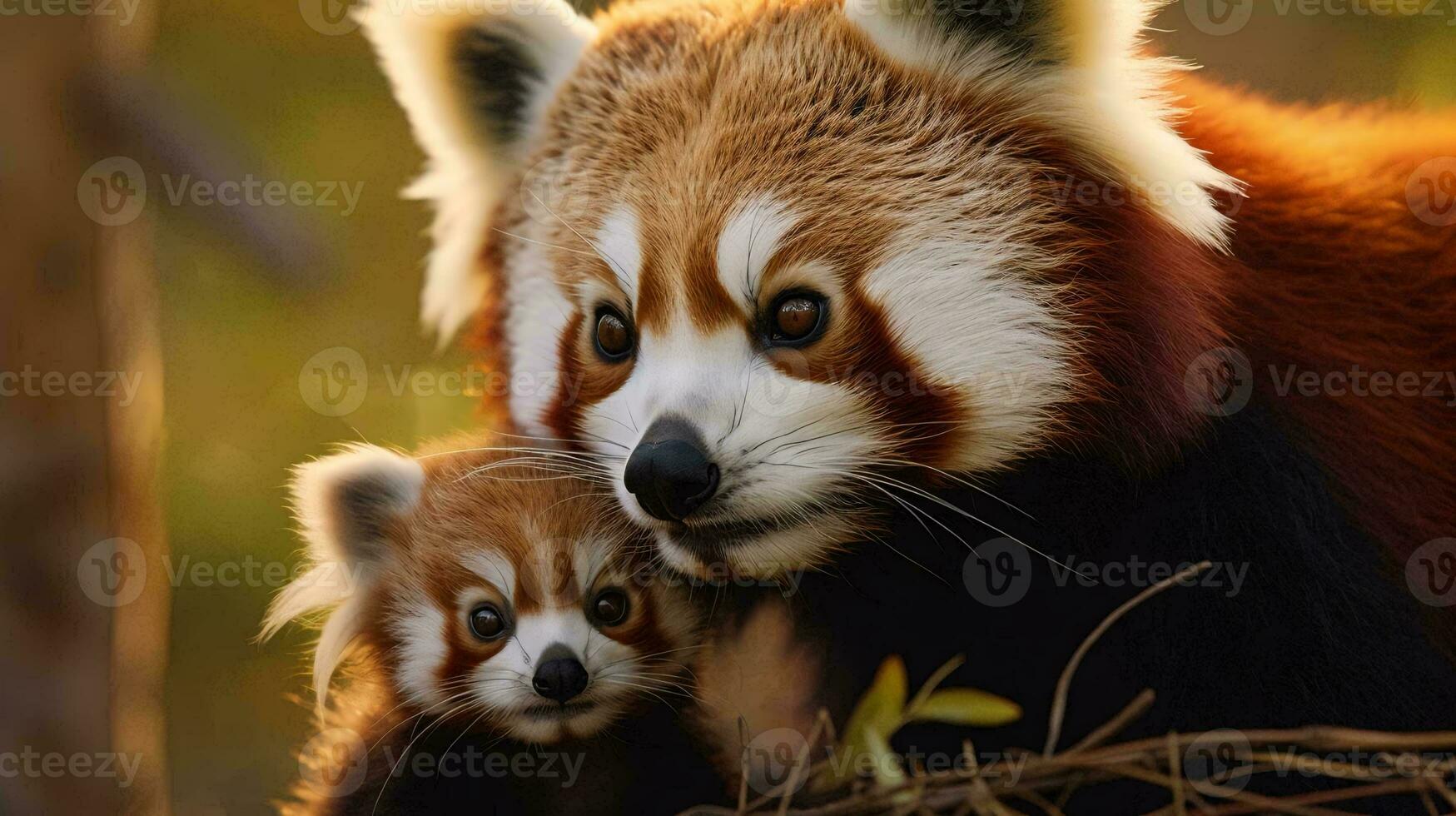 un Pareja de rojo pandas ai generado foto