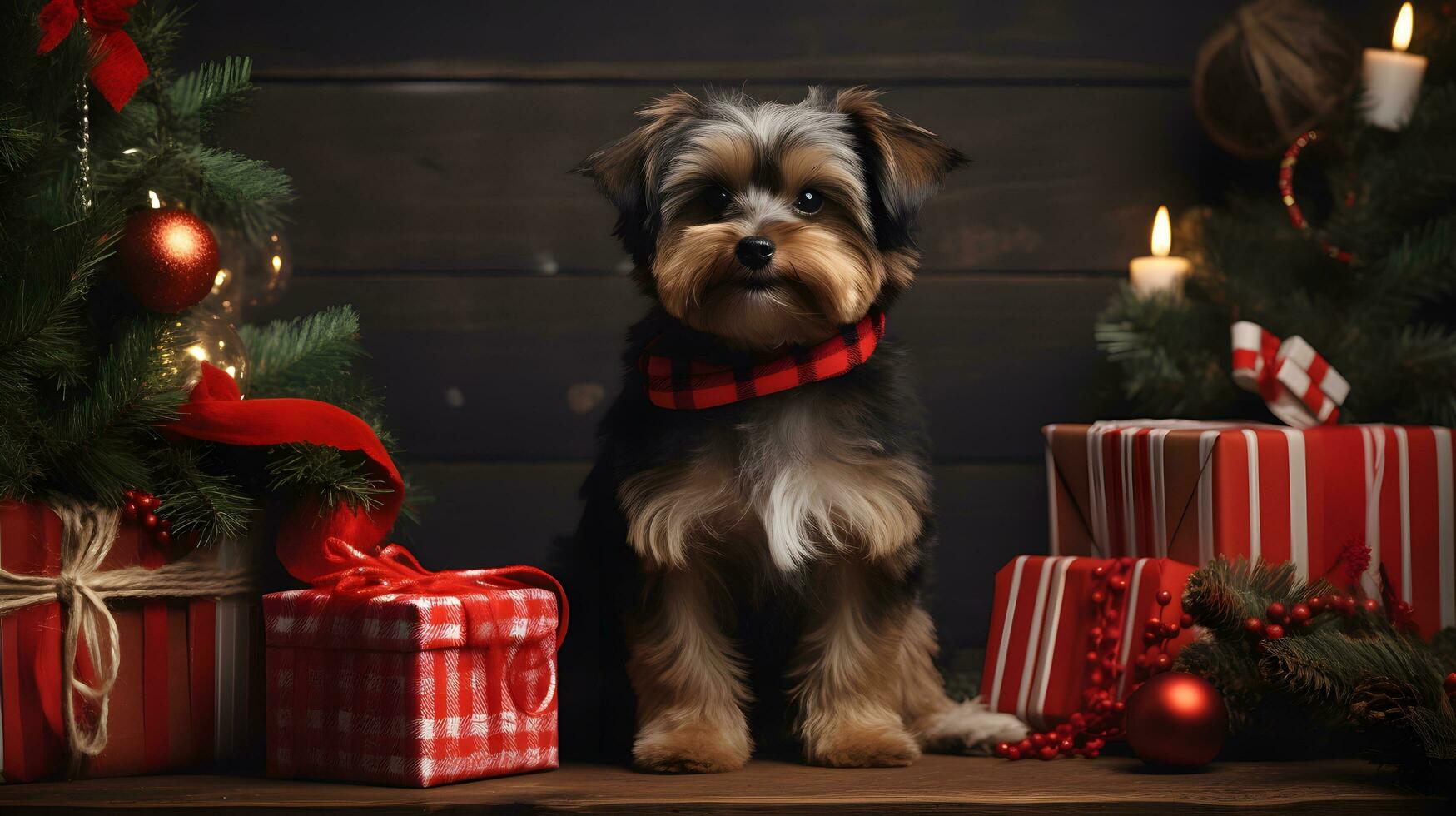 Yorkie with Red Scarf and Christmas Presents on Wooden Wall photo