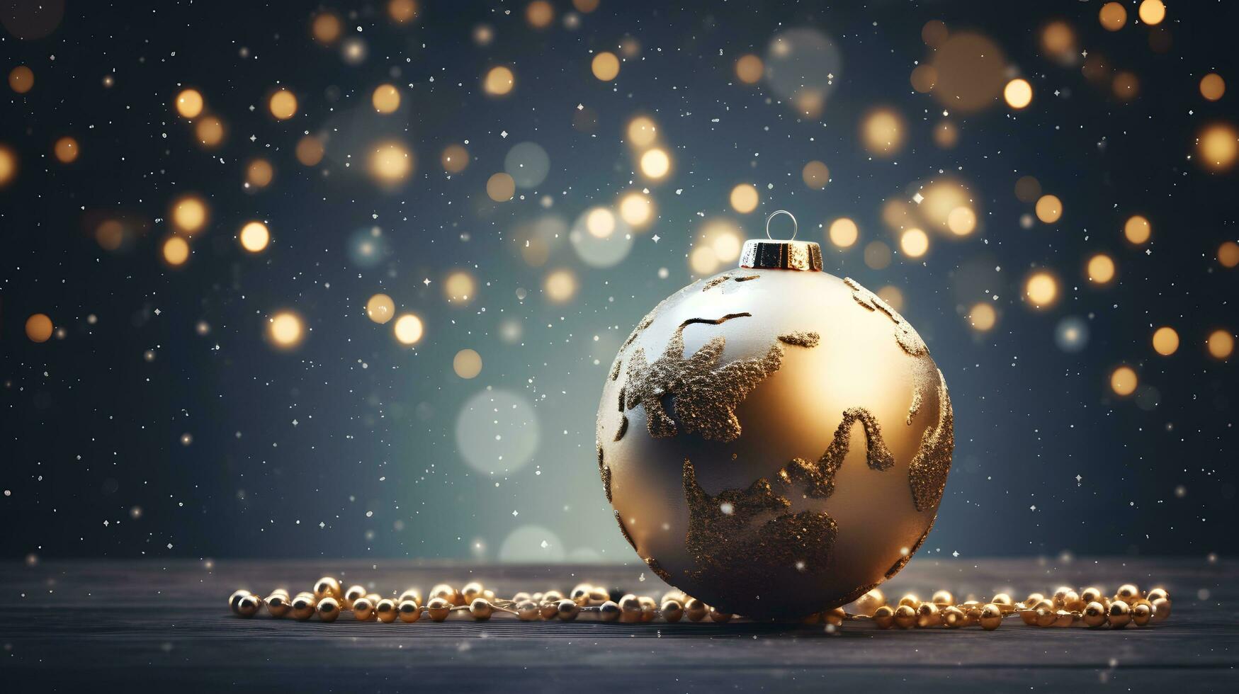 Golden Christmas Ornament with World Map on Dark Blue Background photo