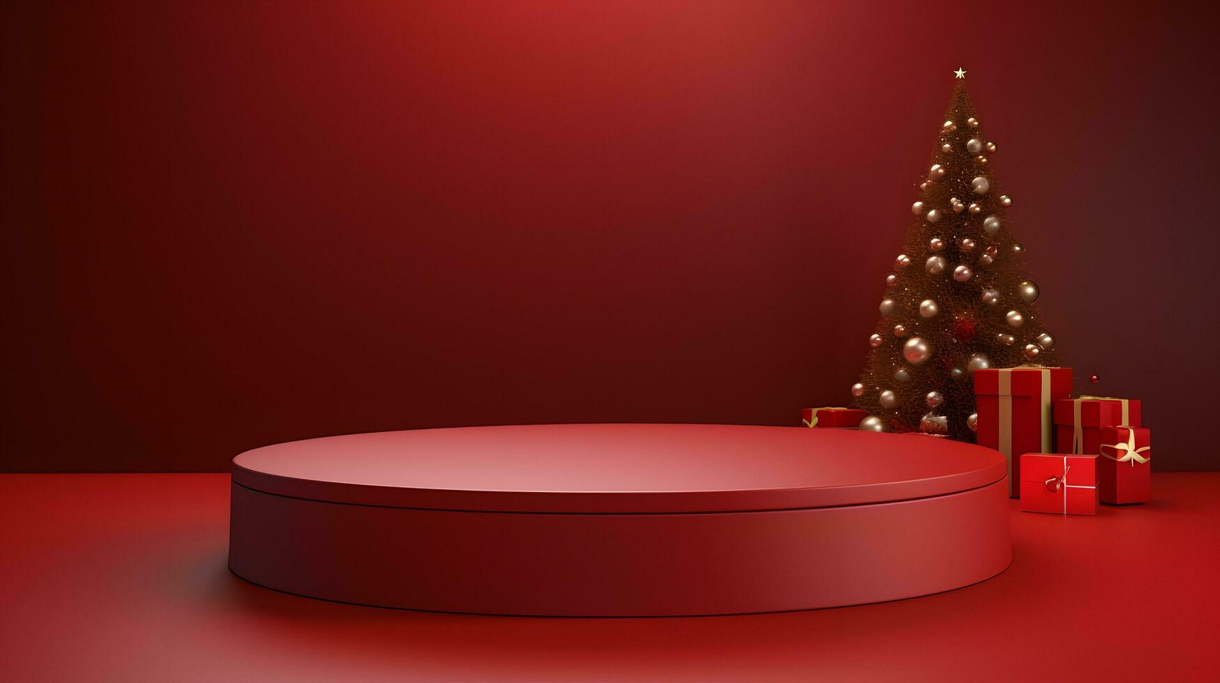 Christmas Tree and Presents on Red Background with Round Platform photo