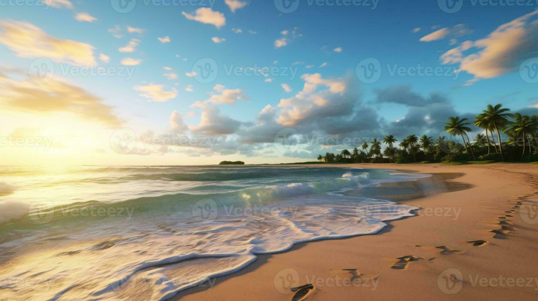 a beach with palm trees and blue sky AI Generated photo