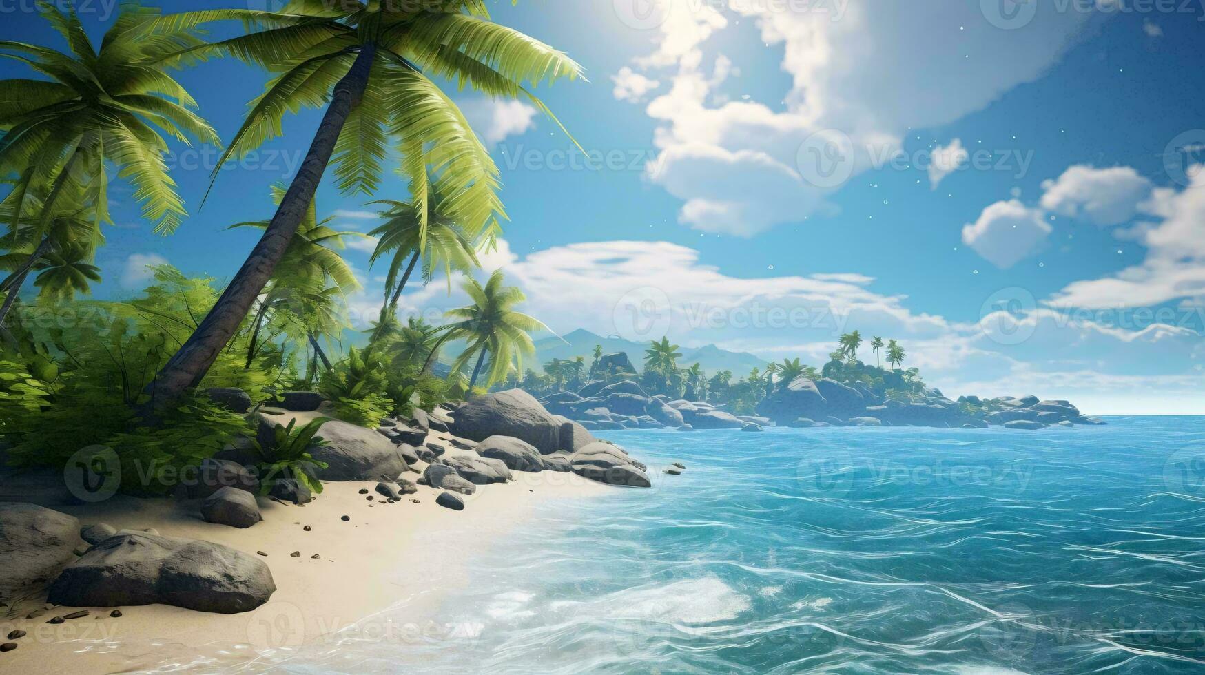 a beach with rocks and trees AI Generated photo