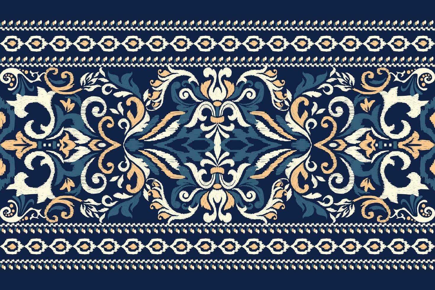 Ikat floral paisley embroidery on navy blue background.Ikat ethnic oriental pattern traditional.Aztec style abstract vector illustration.design for texture,fabric,clothing,wrapping,decoration,sarong.