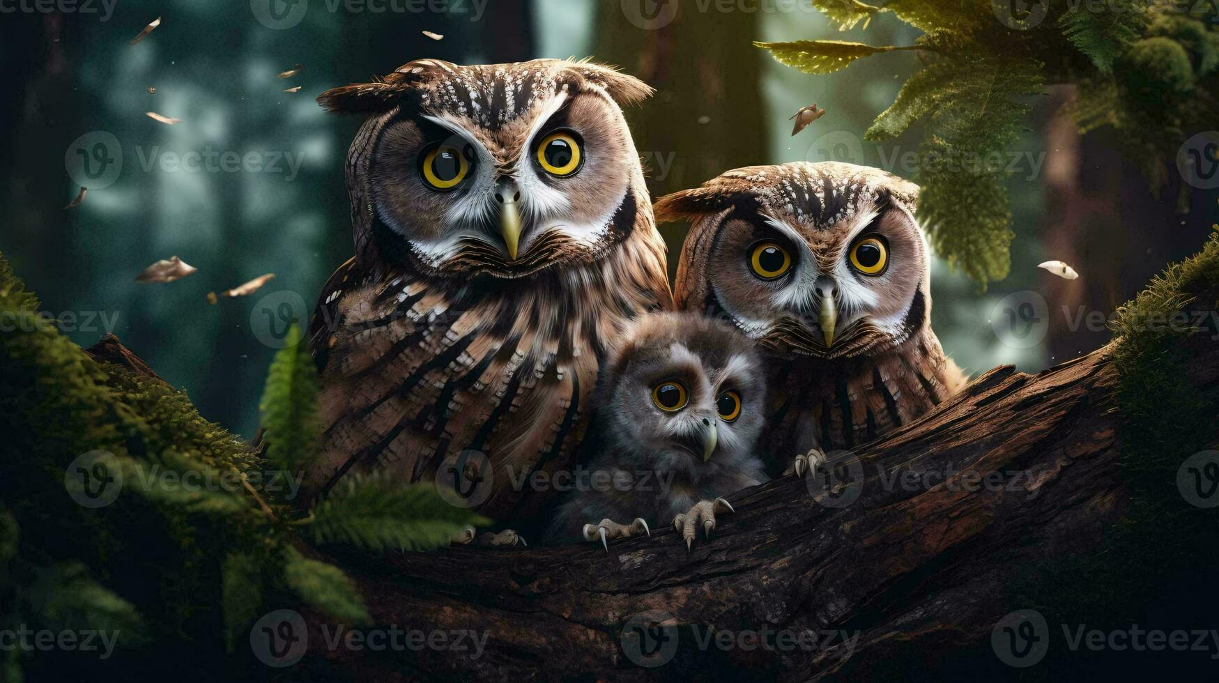 a group of owls on a tree branch AI Generated photo