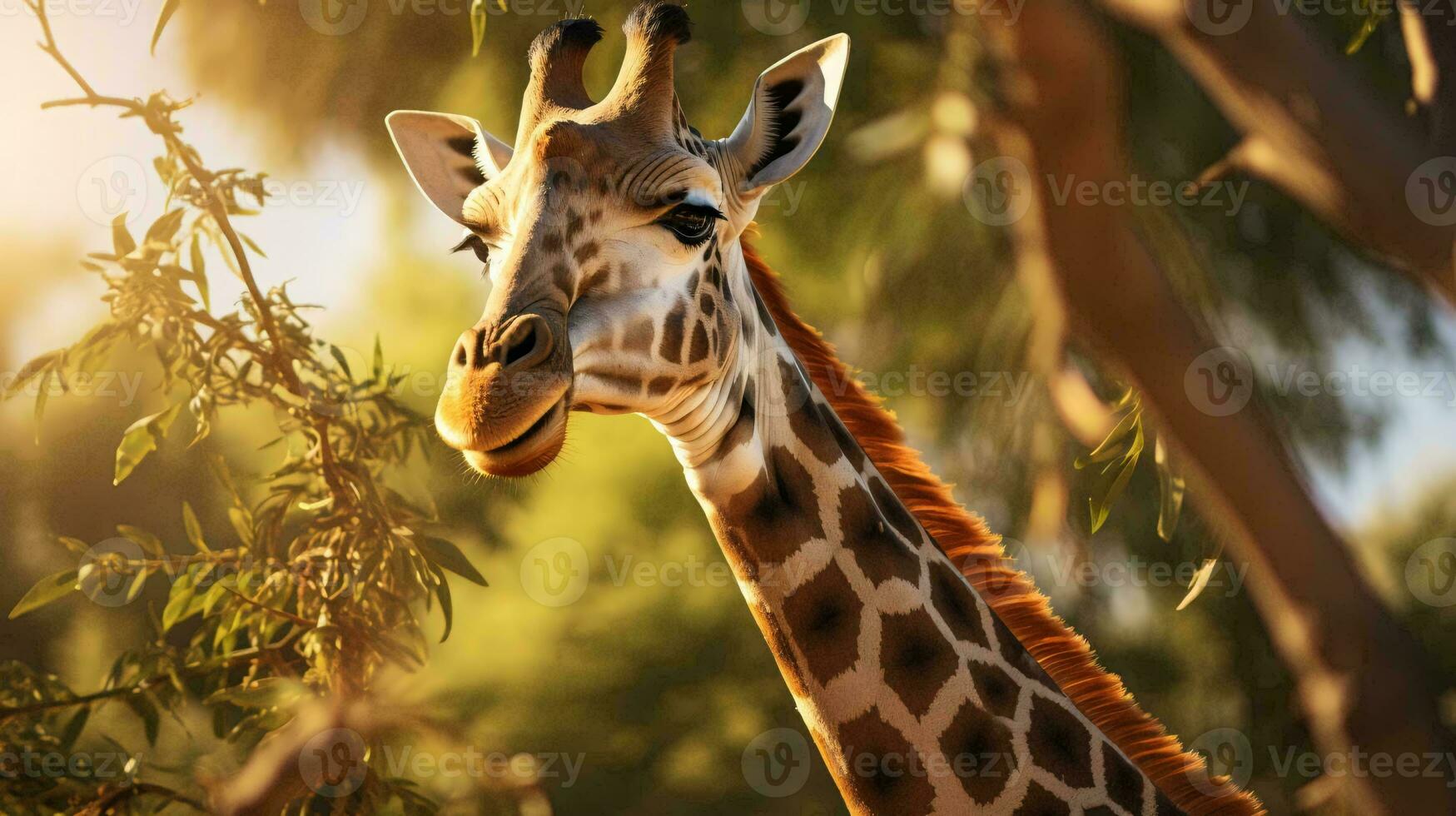 a giraffe next to a tree AI Generated photo