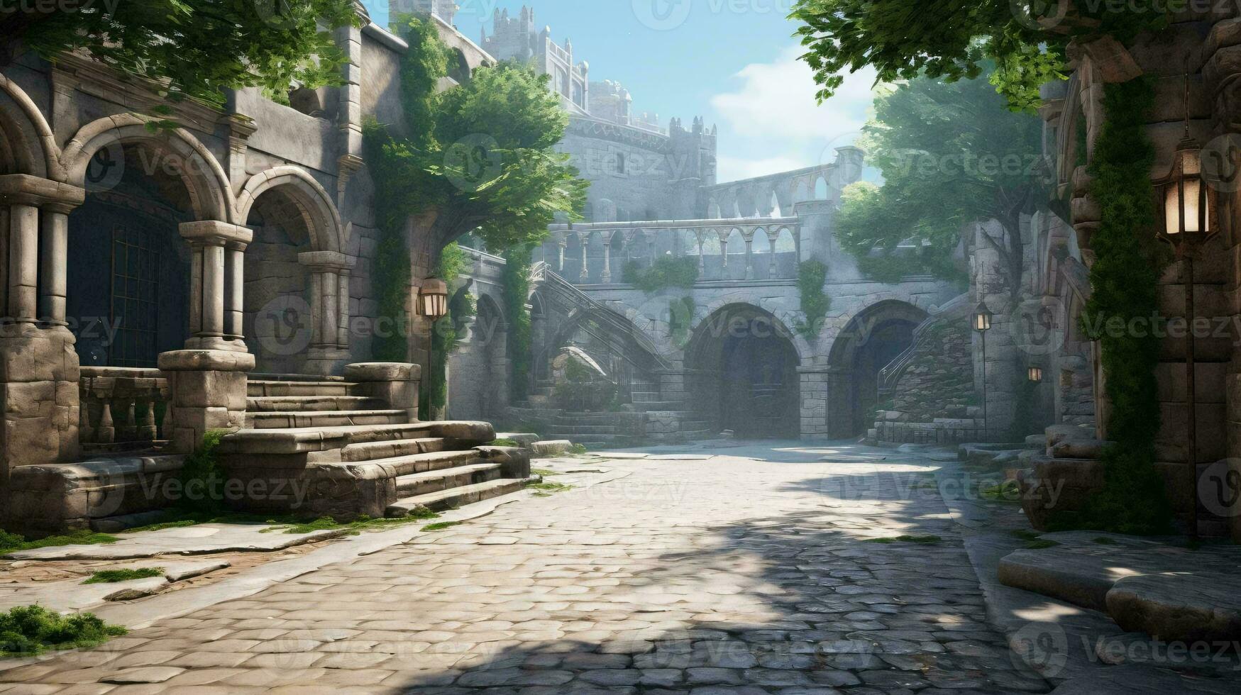 a stone courtyard with trees and buildings AI Generated photo