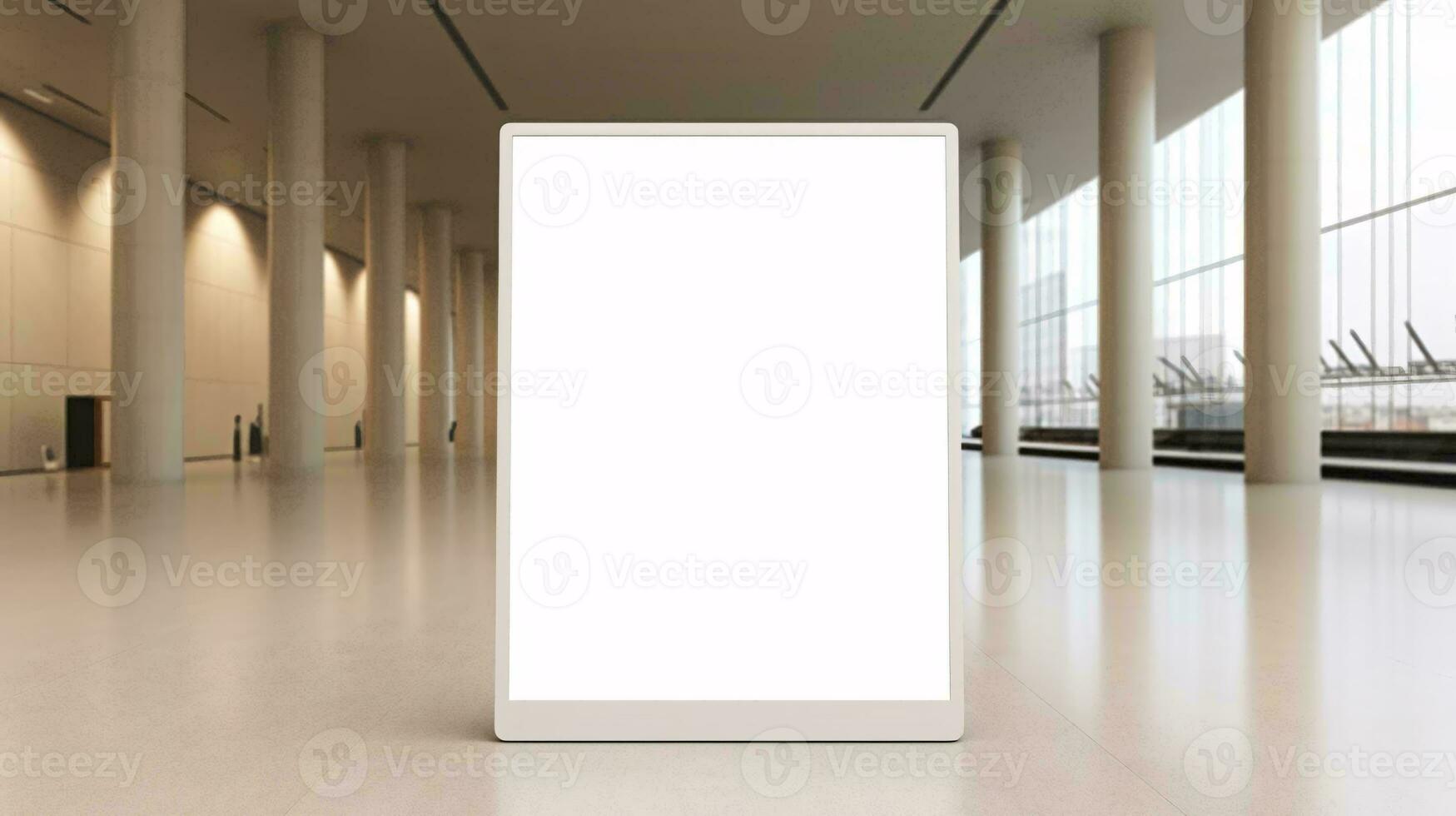 a large room with a large white screen and white pillars AI Generated photo