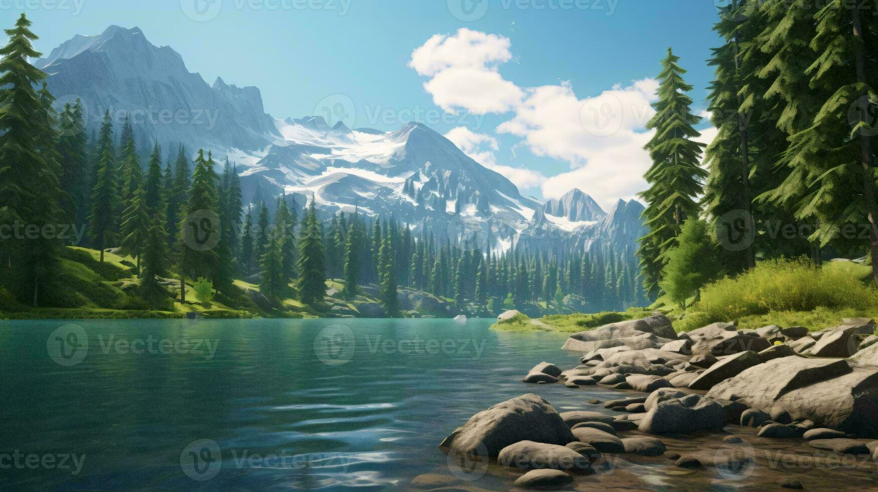 a lake with trees and mountains in the background AI Generated photo