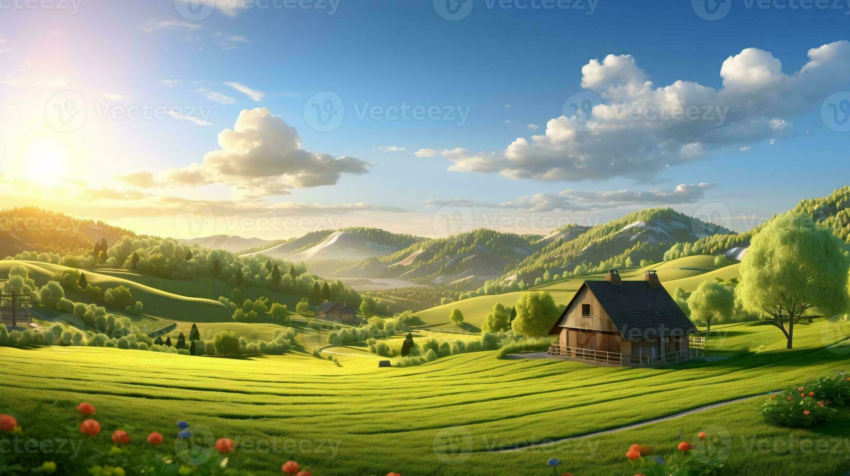 a house in a field AI Generated photo