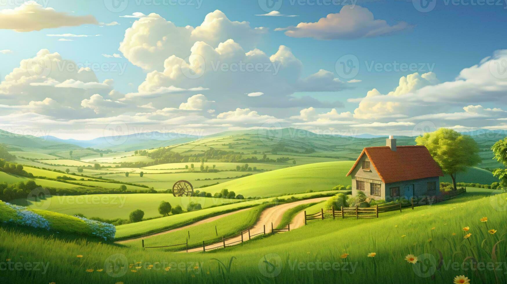 a house in a green field AI Generated photo