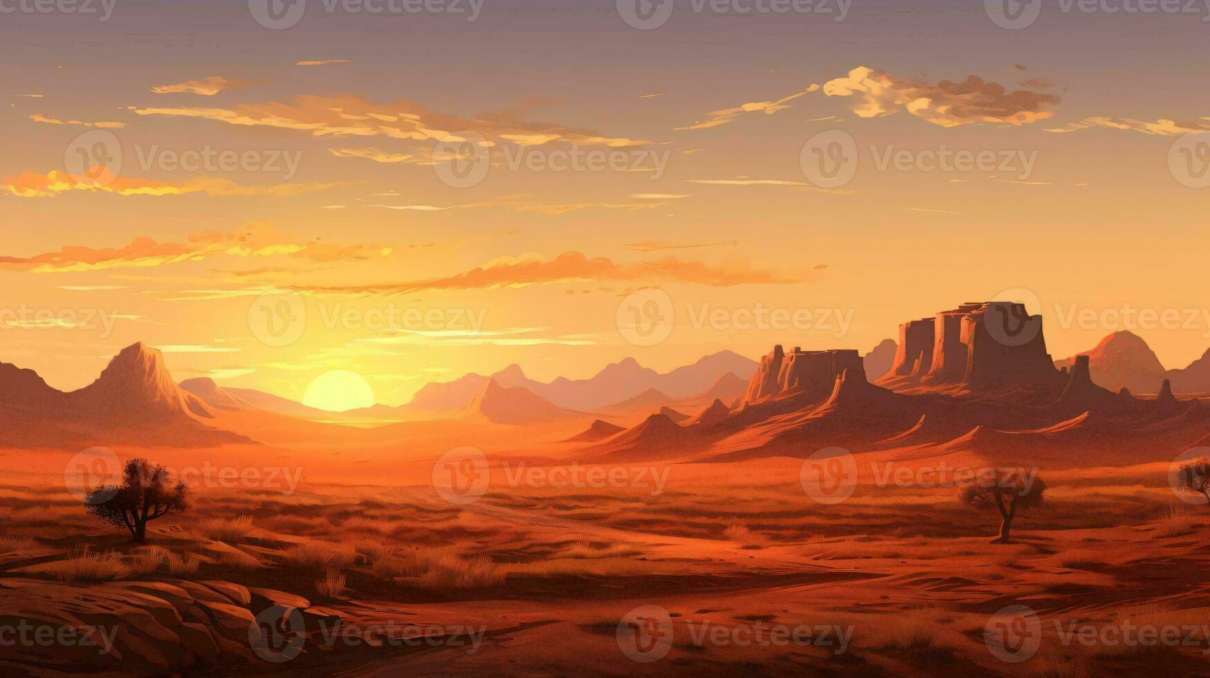 a landscape with mountains and a sunset AI Generated photo