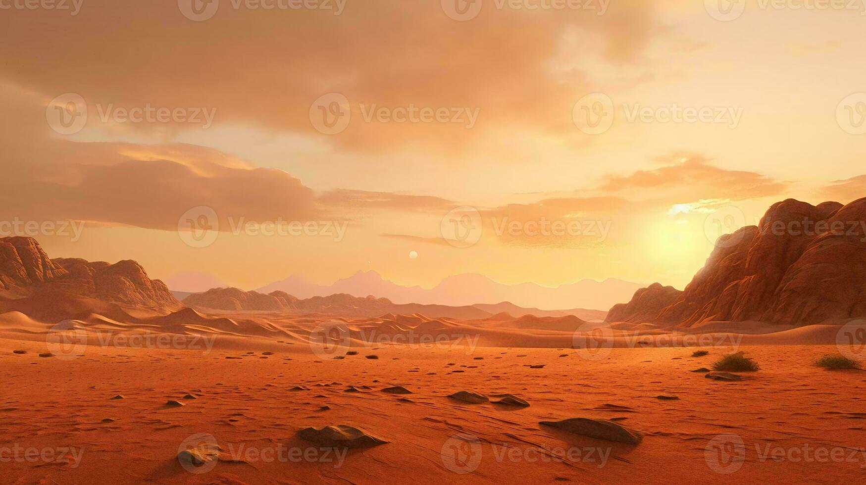 un Desierto paisaje con un puesta de sol ai generado foto