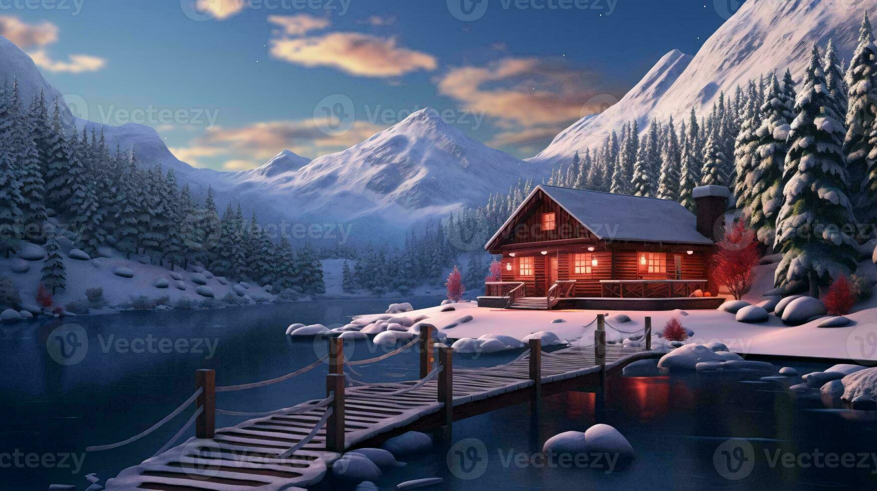 a cabin on a lake surrounded by snow covered mountains AI Generated photo