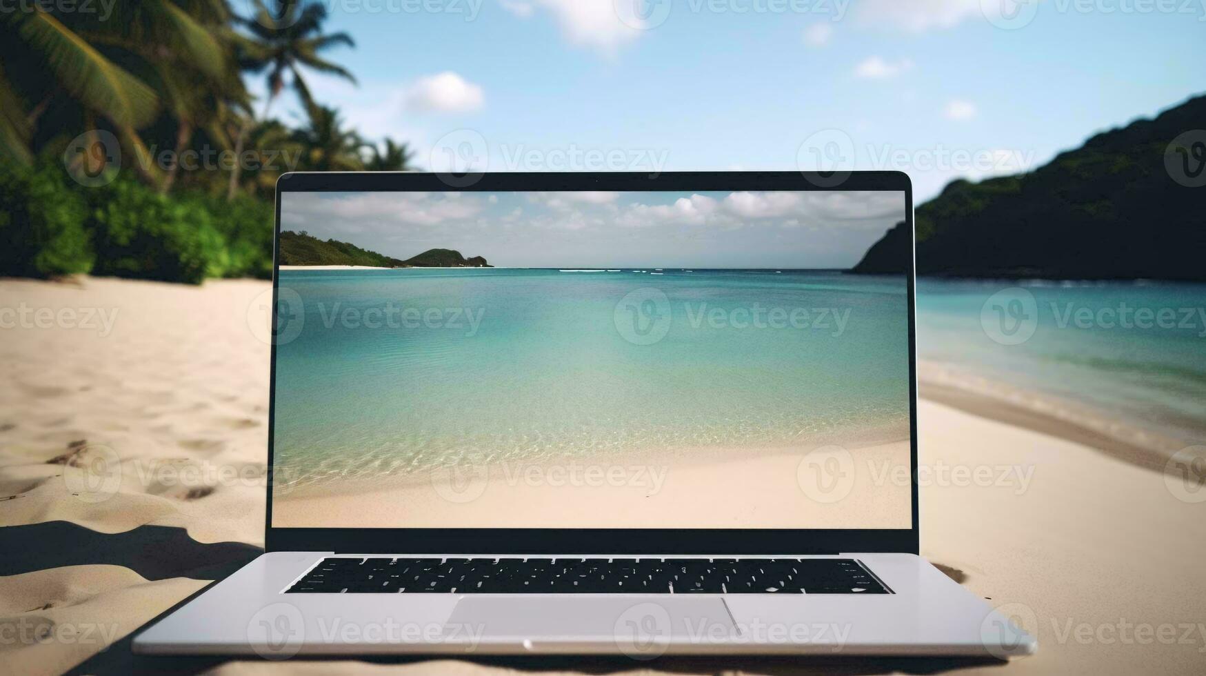 un ordenador portátil en un playa ai generado foto