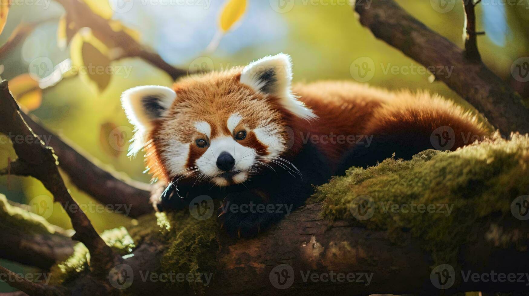 a red panda lying on a tree branch AI Generated photo