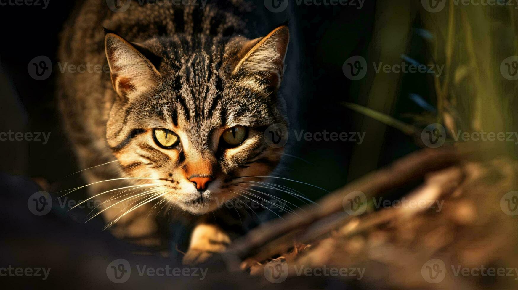 un gato con un planta en sus boca ai generado foto