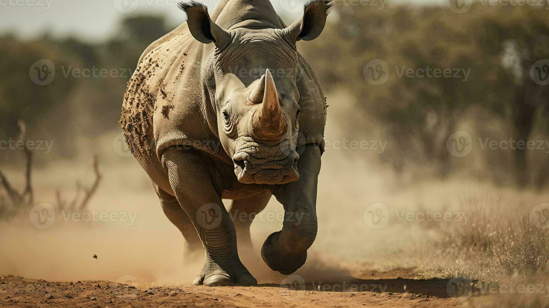 a rhinoceros running on a dirt road AI Generated photo