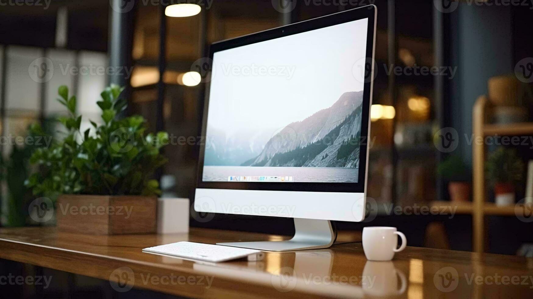 un computadora monitor en un mesa ai generado foto