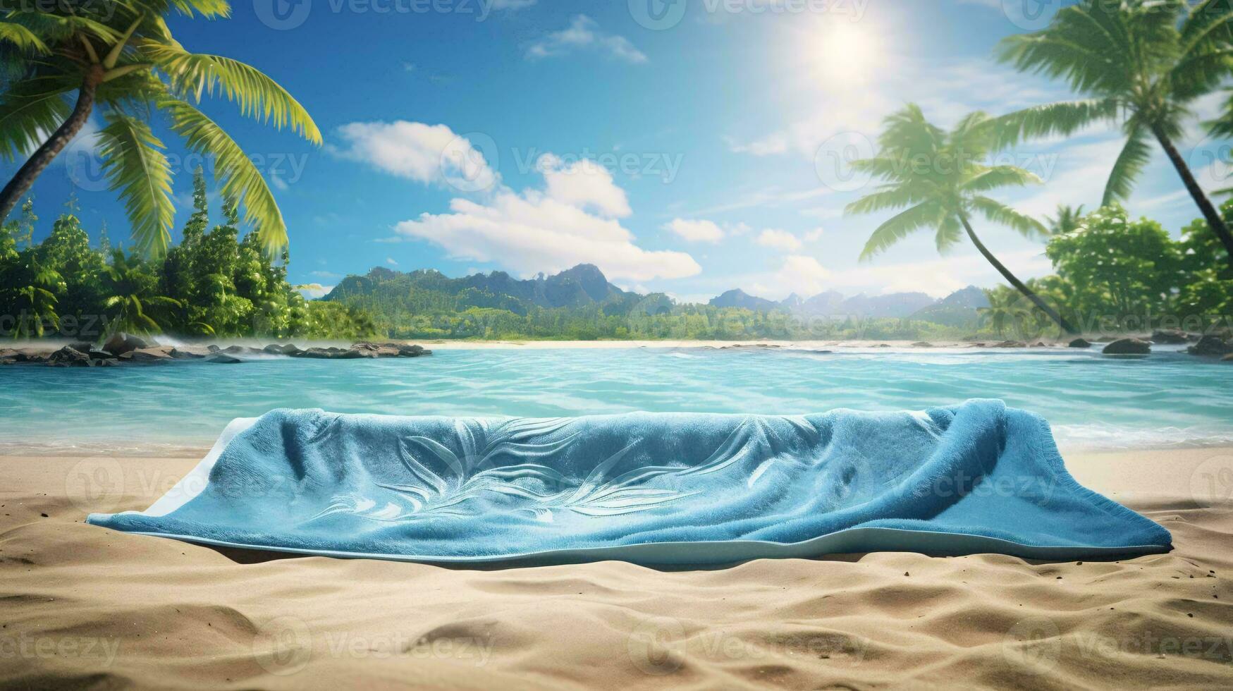 a blue towel on a beach AI Generated photo