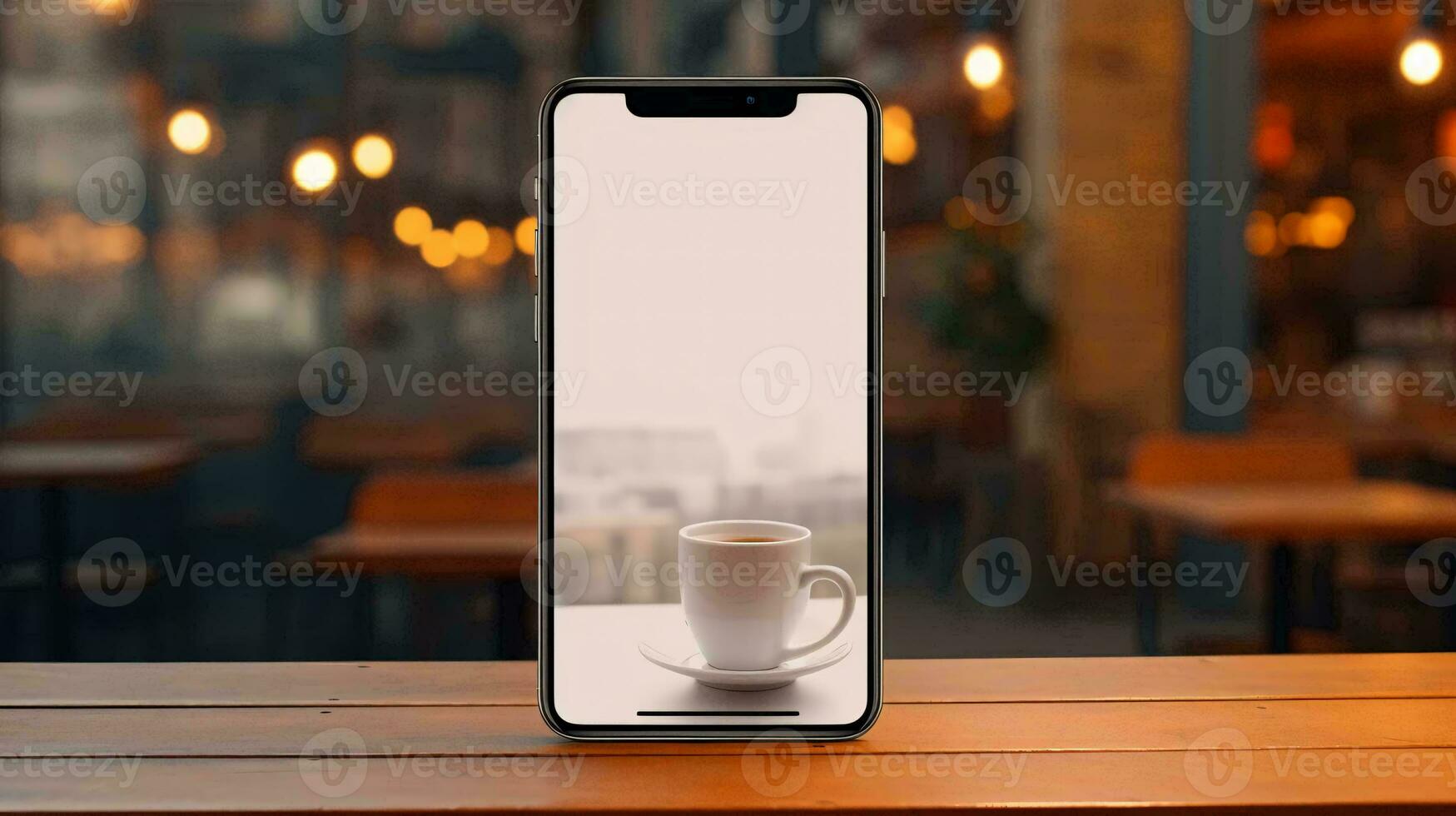 a white smartphone with a white cup on a wooden table AI Generated photo