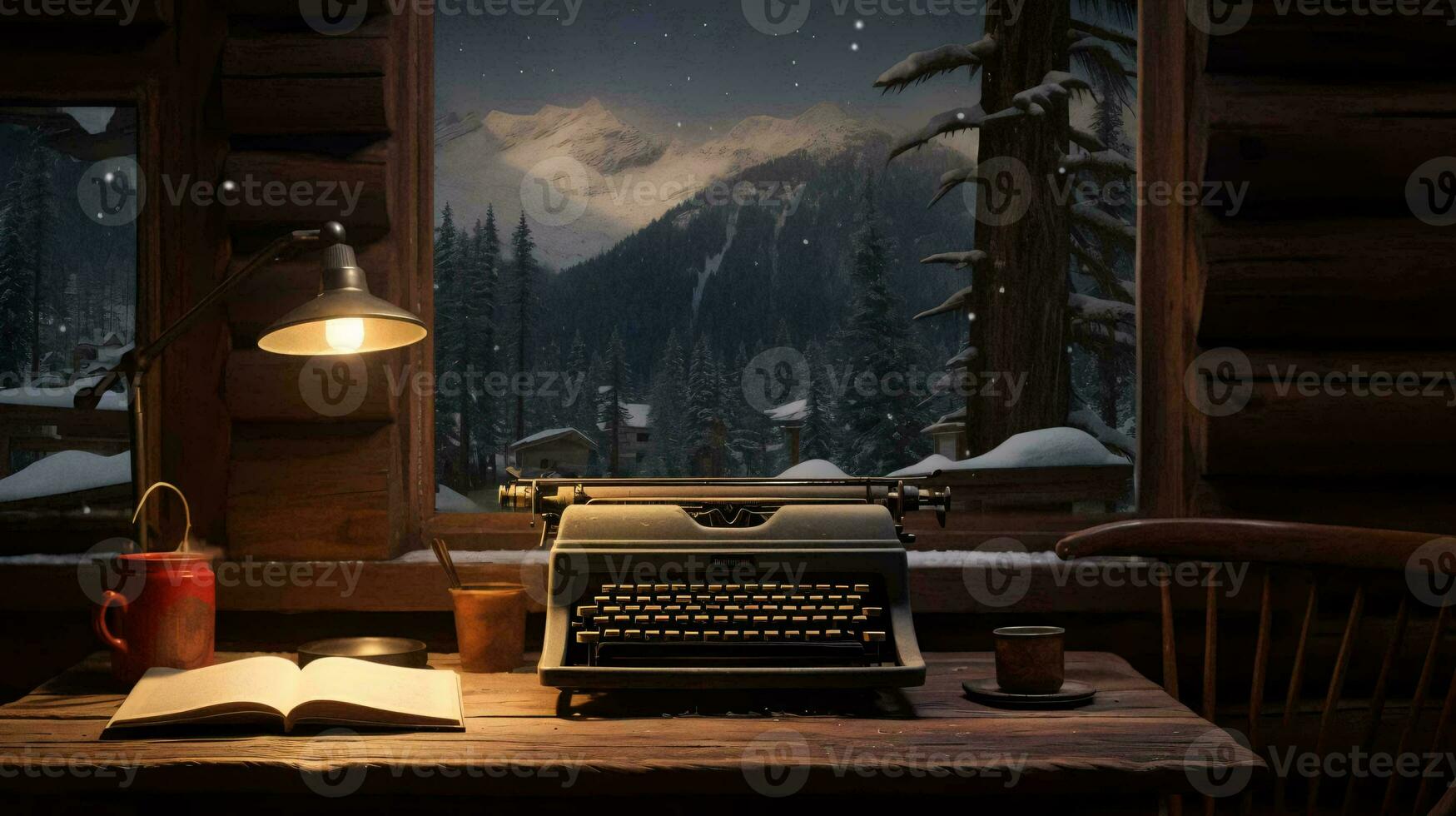 a desk with a computer and a window with snow and mountains AI Generated photo