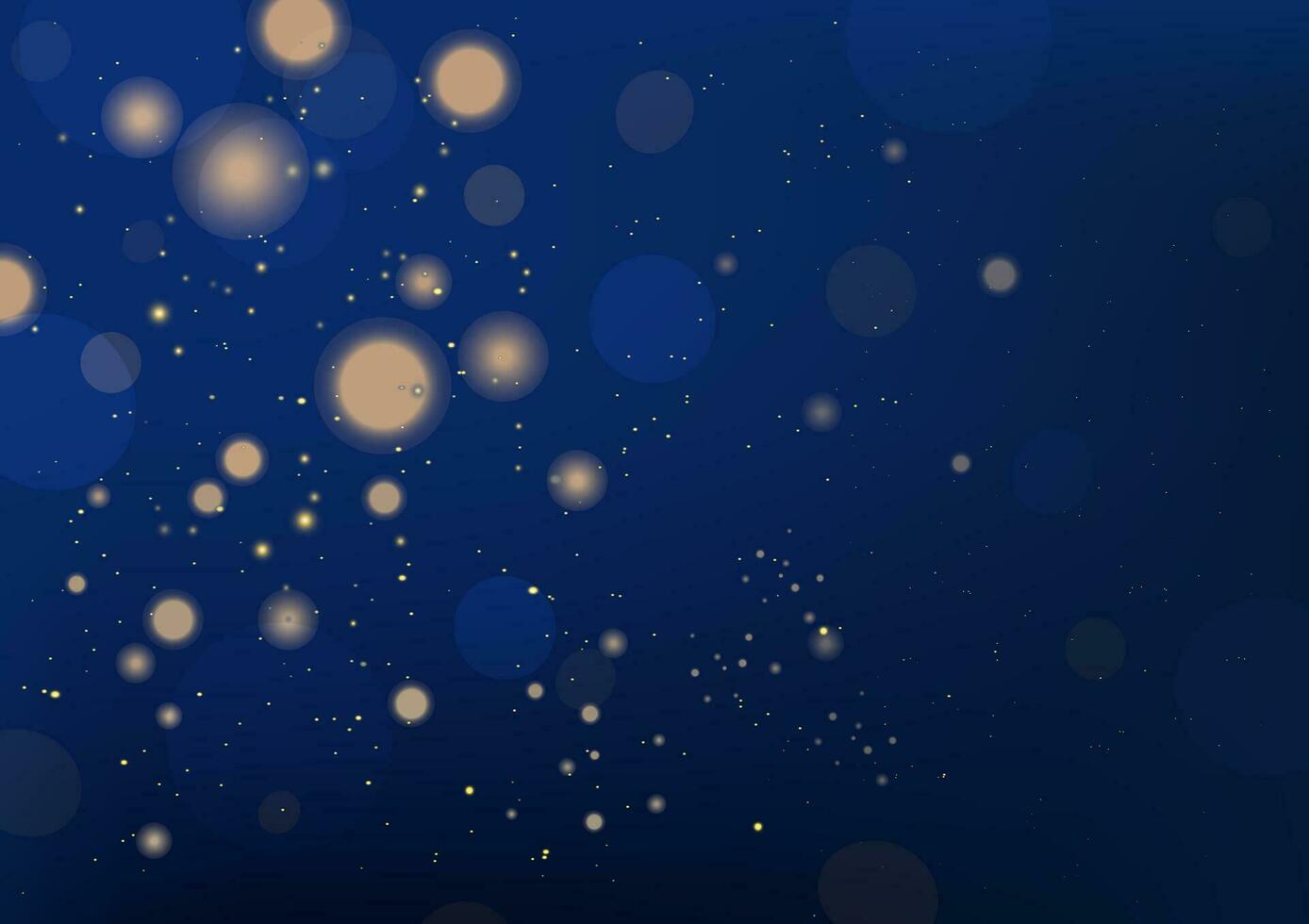 Christmas golden lights with glitter. Vector illustraion abstract background of bright glowing bokeh on dark blue background.