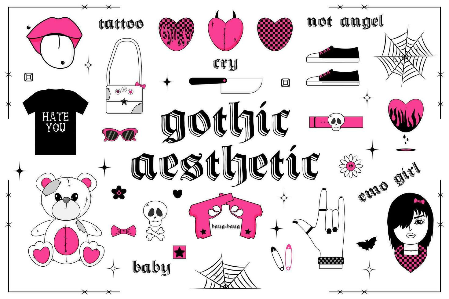 Gothic aesthetic in y2k, 90s, 00s and 2000s style. Set of flat girly stickers. Bear, emo girl, heart and other elements in trendy emo goth. Pink, black, white colors. Vector art illustration