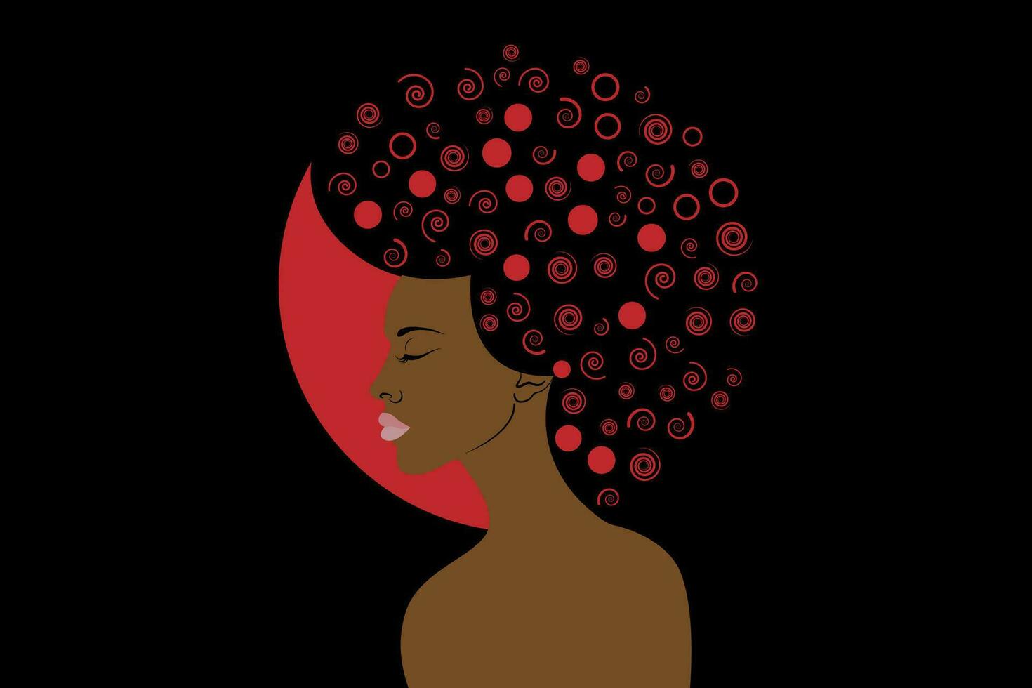 retrato de africano americano mujer, oscuro piel hembra cara con afro Rizado cabello, étnico belleza logo diseño, pelo estilo salón concepto, vector aislado o negro antecedentes