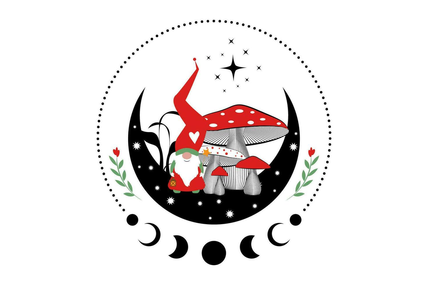 Magic Gnome in the mystical woods of mushrooms on crescent moon and stars. Christmas concept symbol, witchy esoteric fungus and moon phases. Magical Garden troll fairy tale character. Vector isolated