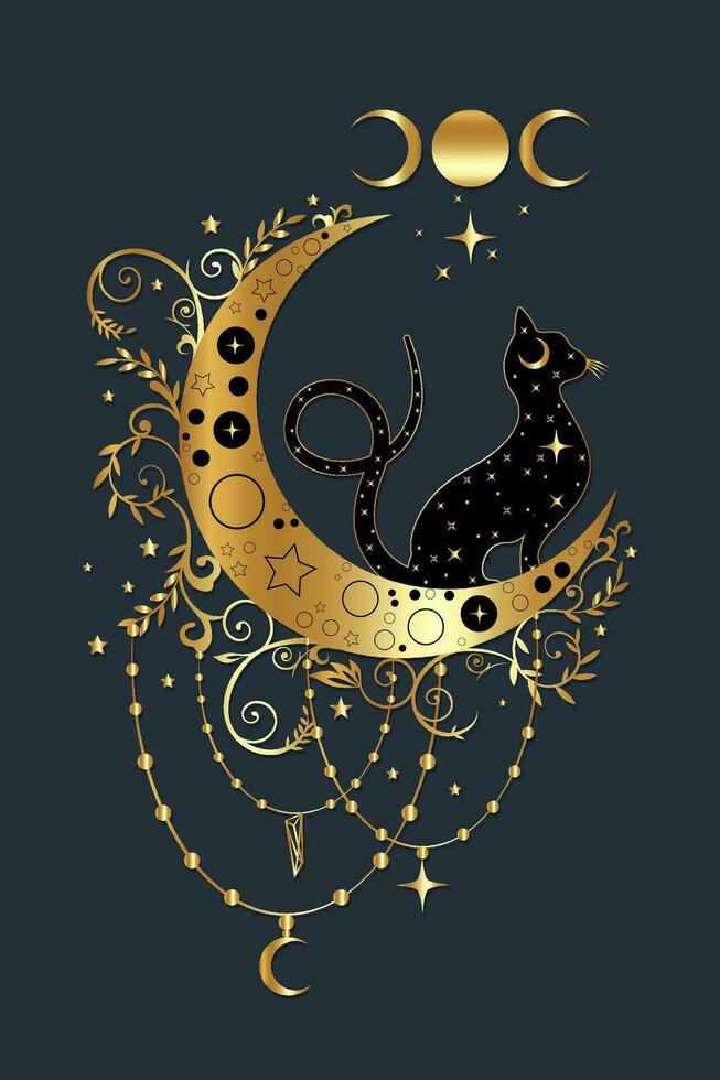 místico negro gato terminado celestial creciente Luna y triple diosa, brujería símbolo, brujo esotérico oro logo. vector dorado lujo wiccan clipart en boho estilo aislado en azul antecedentes